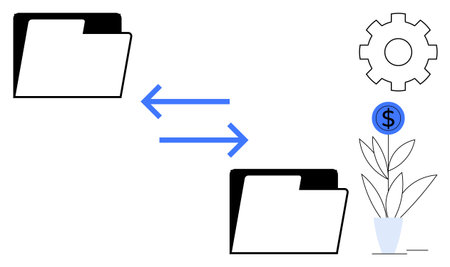 File folders with arrows between, gear, and plant growing with dollar sign. Ideal for collaboration, business productivity, financial growth, economics, data management, workflow efficiency simpleのイラスト素材