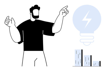 Man gesturing towards light bulb and growth chart, representing creativity, innovation, progress, teamwork, strategy, success, and business planning. Ideal for growth strategy visuals simple flatのイラスト素材