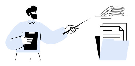 Man holding clipboard pointing at stack of coins, papers, and folder. Ideal for finance, budgeting, planning, analysis, management strategy organization. Minimalist flat metaphorのイラスト素材