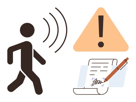 Person walking near sound waves, exclamation mark warning in triangle, pen signing document. Ideal for communication, alert, safety, action, documentation awareness agreement. Simple flat metaphorのイラスト素材