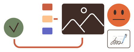 Checklist, photo thumbnail, emotional feedback face, signature pen and card linked by flow. Ideal for workflow, task management, approval processes, organizing, decision-making feedback agreementのイラスト素材