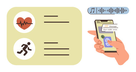 Heart rate, running activity icons, hand using smartphone with biometric scan, music playing. Ideal for health apps, data monitoring, fitness tech, user security, wellness tracking mobileのイラスト素材