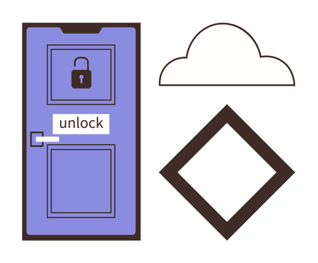 Closed door with unlock label, cloud shape, and rhombus outline, representing access, technology, security, creativity, decision-making simplicity potential. Ideal for innovation problem-solvingのイラスト素材