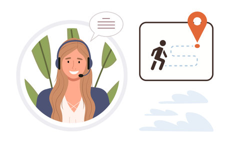 Smiling support agent with headset, speech bubble, map icon, journey path, and location pin. Ideal for customer service, communication, navigation, assistance guidance online support teamworkのイラスト素材
