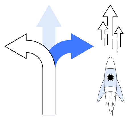 Three diverging arrows, blue representing forward motion, accompanied by a rocket launching and ascending arrows. Ideal for decision-making, progress, growth, innovation, strategy, future planningのイラスト素材
