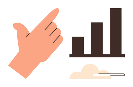 Hand gesture pointing upward, increasing bar chart, and a progress loading bar symbolizing advancement. Ideal for growth, achievement, improvement, analytics, strategy, motivation successのイラスト素材