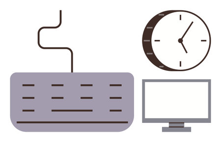 Keyboard, clock, and monitor symbolizing work efficiency, digital tasks, deadlines, and remote work. Ideal for productivity, office life, time management digital workflow deadlines routinesのイラスト素材