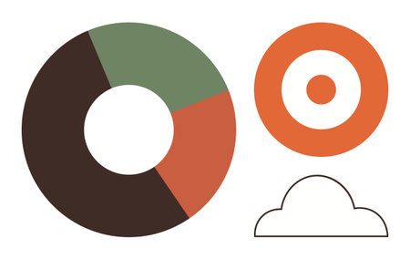 Pie chart with segments, centered target icon, and outlined cloud figure. Ideal for analytics, goals, weather, growth, strategy technology creativity. Simple flat metaphorのイラスト素材