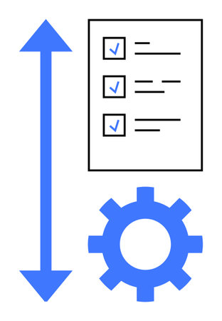 Checklist with blue ticks, vertical double arrow indicating progress or scalability, and a gear symbolizing process. Ideal for workflow, planning, management, efficiency, organization, growth simpleのイラスト素材