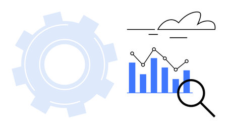 Gear symbol beside bar chart with trend line and magnifying glass beneath cloud. Ideal for innovation, analytics, workflow, optimization, team planning, strategy, process improvement. Simple flatのイラスト素材