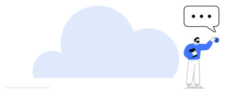 Man holding device near large cloud and speech bubble, symbolizing technology, cloud storage, and data sharing. Ideal for communication, cloud technology, teamwork, innovation, data managementのイラスト素材