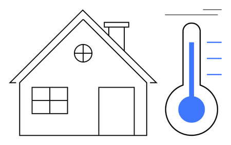 House outline with chimney and windows. Blue thermometer indicating indoor temperature. Ideal for energy efficiency, climate control, home comfort, sustainability, heating systems, coolingのイラスト素材