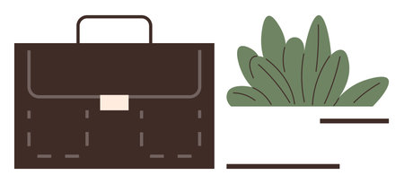 Brown leather briefcase beside a potted plant with green leaves. Ideal for work-life balance, professionalism, corporate identity, productivity, natural concepts, sustainability, minimalism. Simpleのイラスト素材