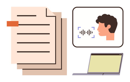 Documents, profile of person speaking with audio waveform, and laptop. Ideal for transcription,...