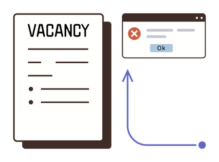 Paper listing vacancy details next to error message on web interface with Ok button. Ideal for recruitment, job search, rejection, hiring process, career challenges, online applications, simple flatのイラスト素材