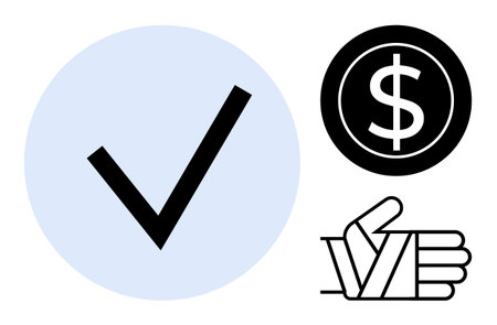 Simple checkmark, money sign, and thumbs-up graphic communicate agreement, achievement, or financial gain. Ideal for concepts thumbs up approval, acceptance, success, feedback finance decisionのイラスト素材