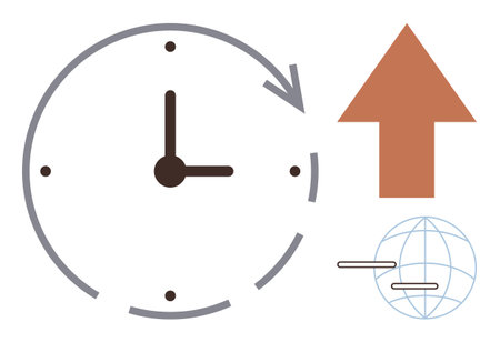 Clock with arrow, upward arrow, globe symbolizing time efficiency, progress, global reach. Ideal for business, productivity, growth international expansion planning success teamwork. Simple flatのイラスト素材