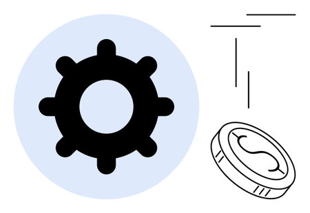 Black gear and coin with dollar sign on abstract background. Ideal for finance, work optimization, business planning, technology, economic management, startups, simple flat metaphorのイラスト素材