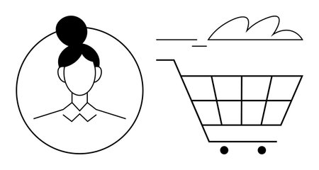 Profile silhouette with top bun hairstyle inside a circle paired with a motion-filled shopping cart. Ideal for e-commerce, online shopping, customer service, user journey, retail, personalizationのイラスト素材