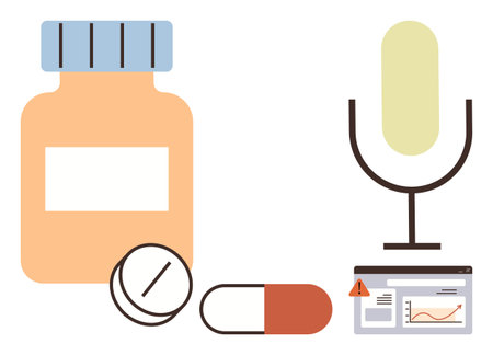 Medicine bottle, pills, capsule, microphone, and web analytics dashboard with alert. Ideal for healthcare, medicine, technology data analysis communication telemedicine public health. Simple flatのイラスト素材