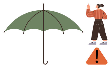 Large green umbrella, woman pointing upwards, orange warning sign with exclamation mark. Ideal for protection, safety, caution, alertness, prevention awareness risk management. Simple flat metaphorのイラスト素材