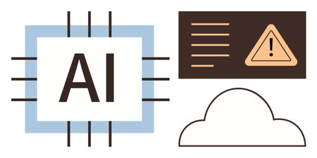 AI chip in circuit framework, alert symbol in a panel, and cloud outline. Ideal for AI, technology, cloud computing, cybersecurity, data systems innovation and digital development. Simple flatのイラスト素材