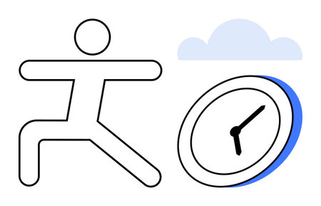 Stick figure in yoga pose beside a clock and cloud to signify time management, balance, and mindfulness. Ideal for wellness, self-care, productivity, personal growth, time efficiency, stressのイラスト素材