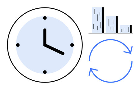 Large clock with blue face, vertical bar graph, and circular arrows highlighting time tracking, data...