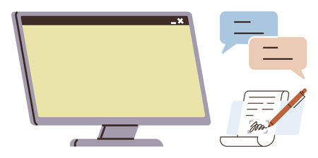 Computer monitor with blank display, dialogue speech bubbles, and signed paper. Ideal for communication, online collaboration, document signing, digital management, productivity, agreementsのイラスト素材