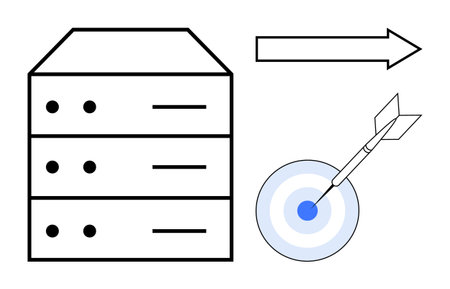 Stack of three servers, rightward arrow, dart hitting bullseye. Ideal for data management, precision, efficiency, technology, analytics performance IT strategy. Simple flat metaphorのイラスト素材