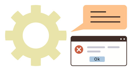 Gear representing settings, error message pop-up on browser window with OK button, and speech bubble. Ideal for technology, troubleshooting, maintenance, error fixes, software updates, communicationのイラスト素材