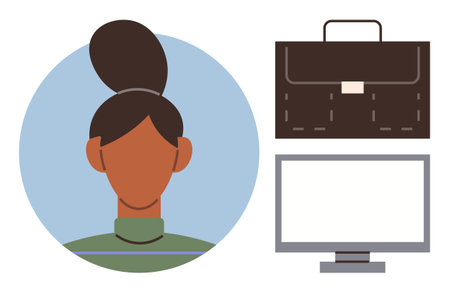Portrait of a woman, computer monitor, and briefcase symbolizing professionalism and productivity. Ideal for career, teamwork, business planning, remote work, equality, empowerment simple flatのイラスト素材