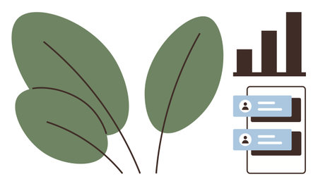 Green leaves paired with a progress bar, user profile interface, and bar chart. Ideal for sustainability, business growth, environmental care, analytics, teamwork, eco-friendly design strategicのイラスト素材