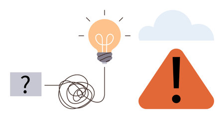 Question mark leads to tangled line resolving into light bulb and warning sign under cloud. Ideal for problem solving, innovation, brainstorming, risk management, creativity, uncertainty, simple flatのイラスト素材
