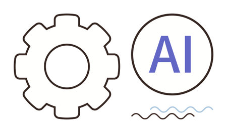 Gear and AI text inside a circle with wave lines. Ideal for technology, innovation, automation, AI, machine learning, progress, and creativity. Clean simple flat metaphorのイラスト素材