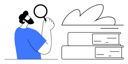 Man holding magnifying glass inspects books near abstract cloud. Ideal for research, exploration, learning, education, investigation, knowledge, analysis, simple flat metaphorのイラスト素材