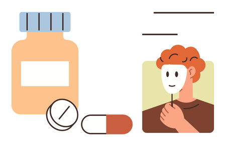 Pill bottle with capsules, tablets beside a person holding a mask highlights emotional well-being and medication balance. Ideal for health, psychology, treatment, identity, emotions, therapy, simpleのイラスト素材