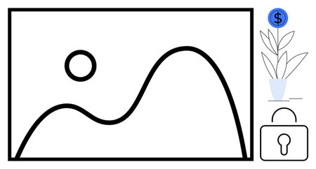 Landscape photo with a dollar sign above a plant and a lock. Represents sustainability, digital asset security, content monetization, financial growth, protection, preservation, and simplicity. Aのイラスト素材