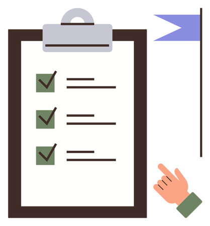 Clipboard with checked task list, goal flag, and pointing hand. Ideal for productivity, planning, organization, goal-setting, task management focus achievement. Clean simple flat metaphorのイラスト素材