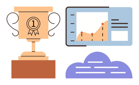 Golden winner trophy, analytics dashboard with upward data trend and blue cloud. Ideal for achievement, business growth, performance tracking, cloud computing, success measurement, goal settingのイラスト素材