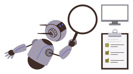 Robot holding magnifying glass examining checklist with monitor nearby. Ideal for AI, robotics, automation, data analysis, technology, quality control, research. Simple flat metaphorのイラスト素材