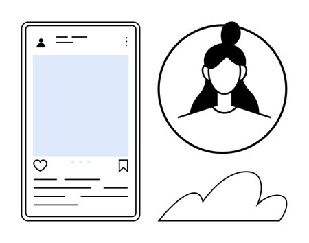 Social media layout featuring a user profile picture, a post interface with icons, and a cloud detail. Ideal for networking, communication, profile management, content sharing, UXUI design, modernのイラスト素材