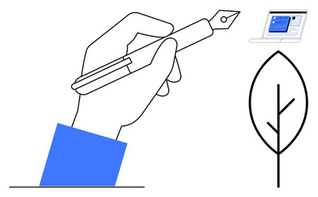 Hand holding a fountain pen, a stylized leaf, and a laptop screen symbolize communication, innovation, nature, and sustainability. Ideal for environmentalism, technology, education writingのイラスト素材