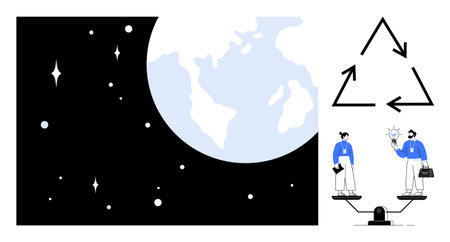 Earth in space, recycling symbol, team balancing ideas. Ideal for sustainability, collaboration,...