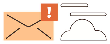 Envelope with alert exclamation icon and cloud symbol with lines representing data. Ideal for communication, update, alert, email, cloud storage, data sync, connectivity. Clean simple flat metaphorのイラスト素材