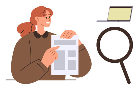 Woman holding and pointing at a document, large magnifying glass, open laptop. Ideal for analysis, research, verification, problem-solving, education information search task management. Simple flatのイラスト素材
