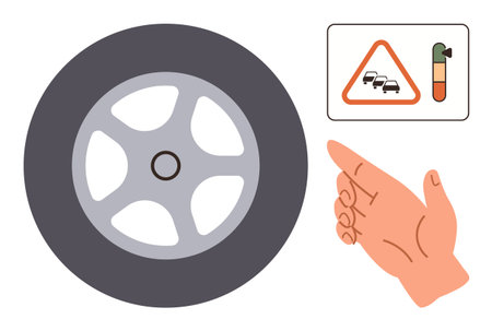 Hand gesturing toward a tire and traffic warning sign with congestion meter. Ideal for road safety, transportation, driving tips, cautionary messages, vehicle maintenance, educational visuals, simpleのイラスト素材