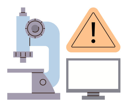 Laboratory microscope, computer monitor, and caution warning sign highlight science, technology, research, and safety themes. Ideal for healthcare, innovation, data analysis educationのイラスト素材