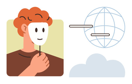 Person with red hair holds smiling white mask, globe outline with internet elements, cloud below. Ideal for online identity, anonymity, technology, globalization, communication deception privacy. Aのイラスト素材