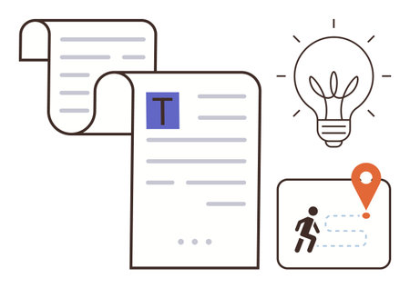 Open document scroll, glowing lightbulb, and person icon moving toward a destination marker. Ideal for creativity, planning, ideas, innovation, strategy, productivity and goals in a simple flatのイラスト素材